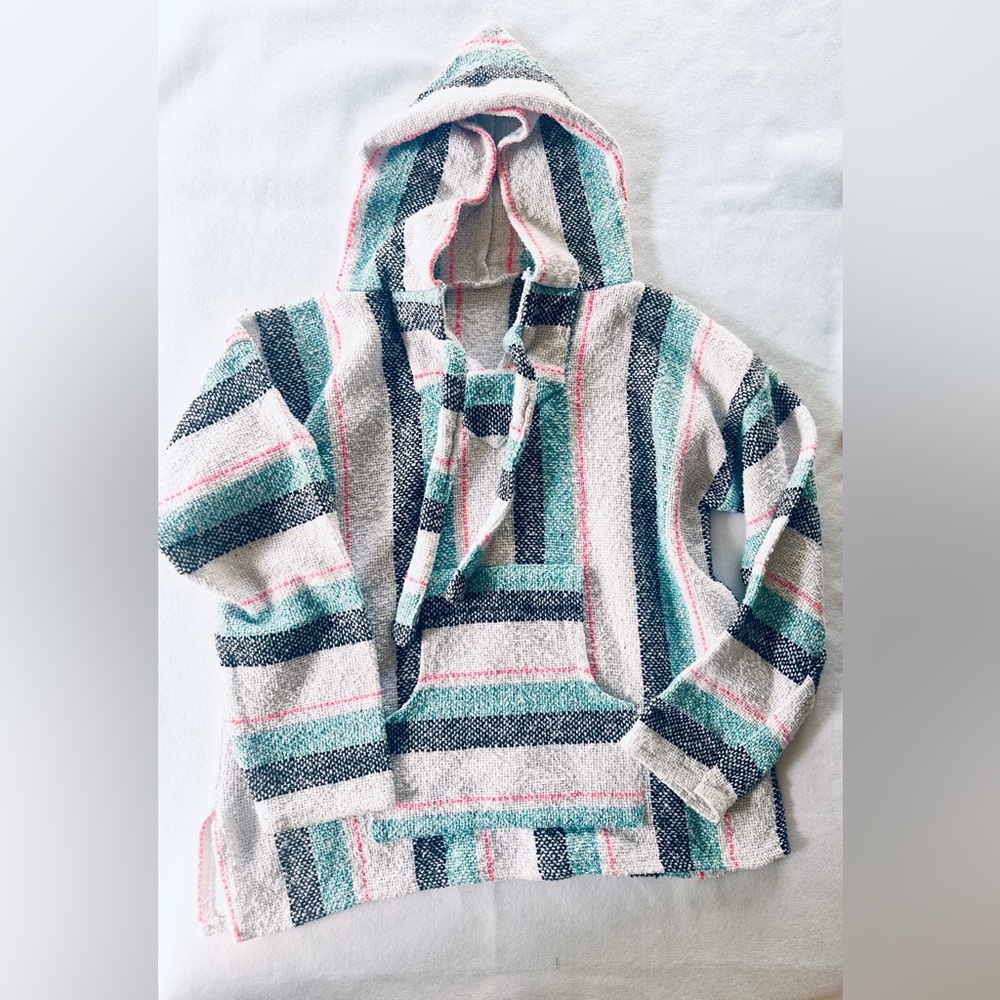 Striped Hooded Baja Pullover Poncho Sweater - White, Teal, Pink & Charcoal